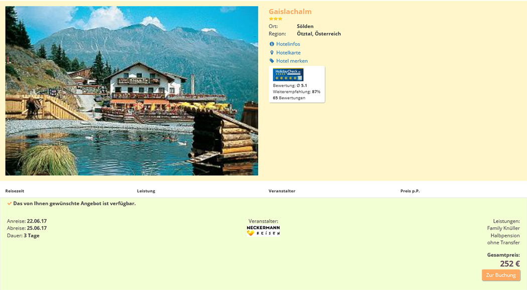 Reiseangebot Alpengasthof Gaislachalm/Ötztal (Screenshot vom 11.05.2017, 16.00)